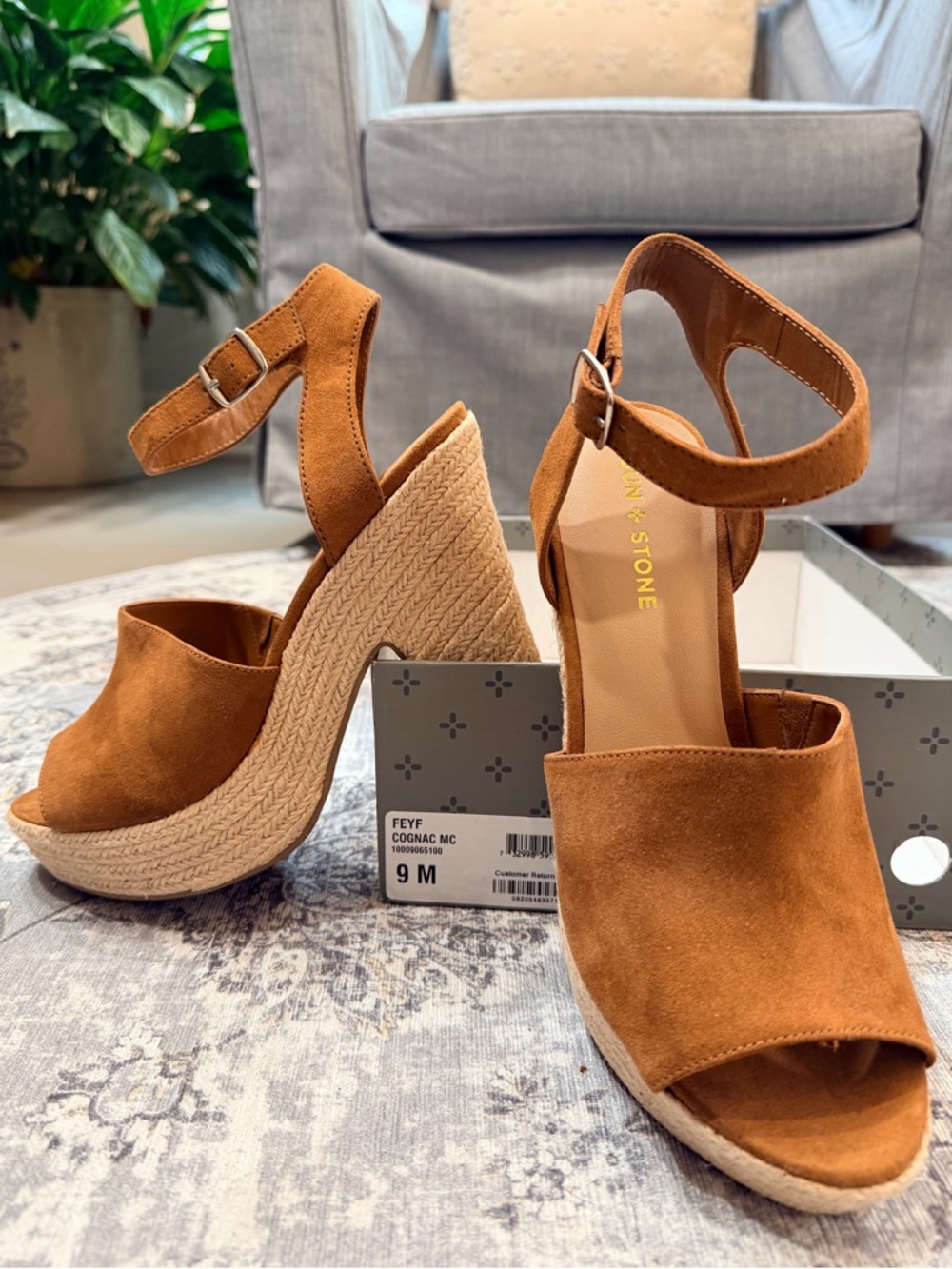 Sun + Stone Feyf Cognac Ankle-Strap Platform Wedge Sandals- Size 9